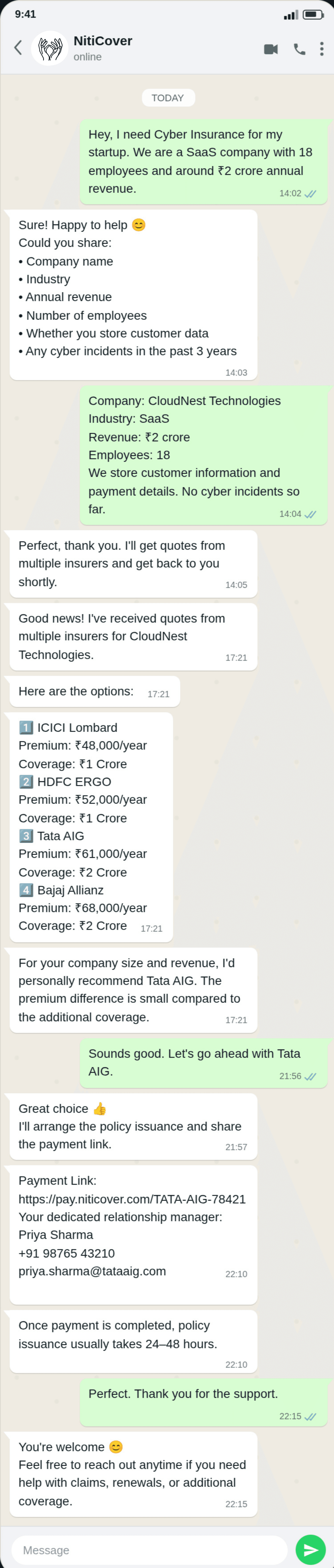 NitiCover WhatsApp conversation walking through a cyber insurance quote request